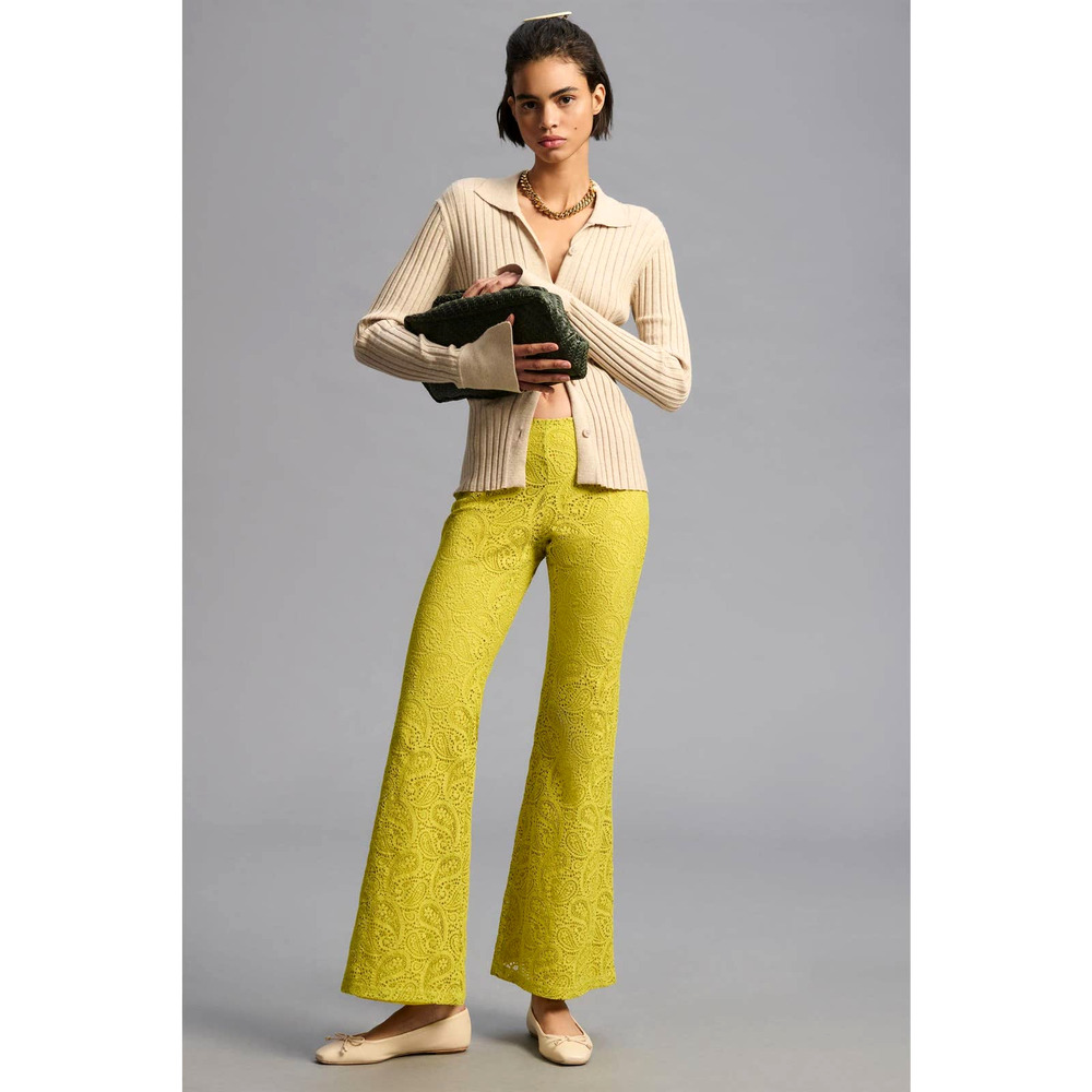 Anthropologie Chartreuse Lace Flare Pants